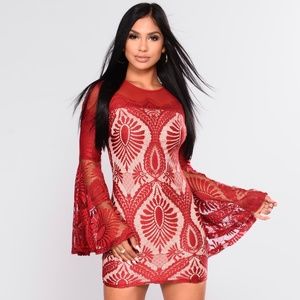 Fashion Nova Ashley Lace Dress in Burgundy and Nude